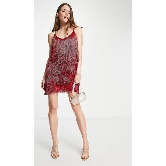 ASOS DESIGN NEW Embellished Fringed Mini Dress Red US 2 Hand Beaded‎ Party Vegas - Picture 2 of 7